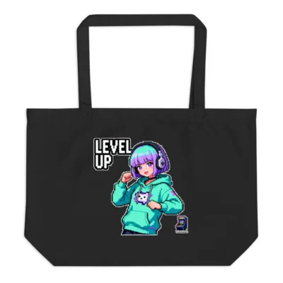 Level Up Pixel Art Tote Bag – Large Organic Cotton Shopping Bag