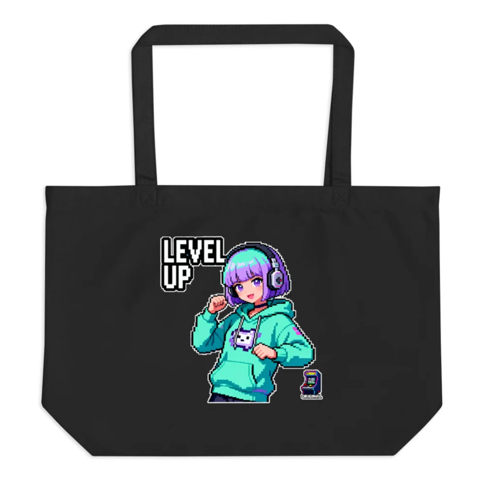 Level Up Pixel Art Tote Bag – Large Organic Cotton Shopping Bag