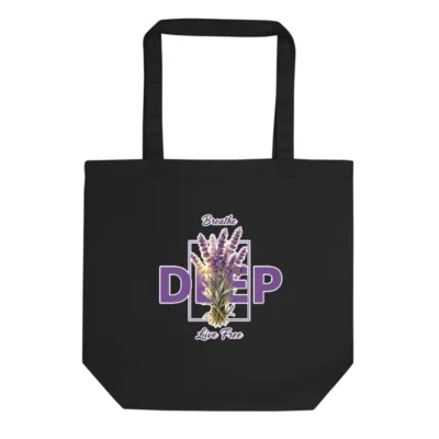 Eco Black Tote Bag – Reusable Cotton Shopping Bag with Lavender 'Breathe Deep' Design