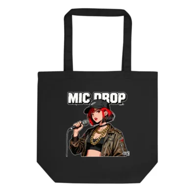 Eco Black Tote Bag with 'Mic Drop' Graphic – Reusable Cotton Shopping Bag