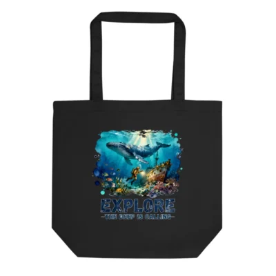 Eco Black Tote Bag – Reusable Canvas Shopping Bag with Ocean Explorer Print