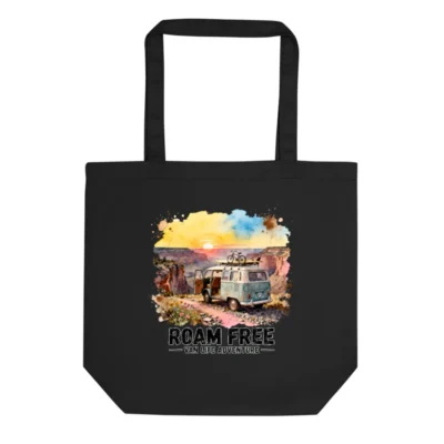 Eco Black Tote Bag – Roam Free Van Life Adventure Print