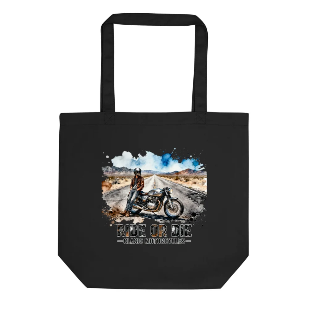Eco Black Tote Bag – Ride or Die Classic Motorcycles Print