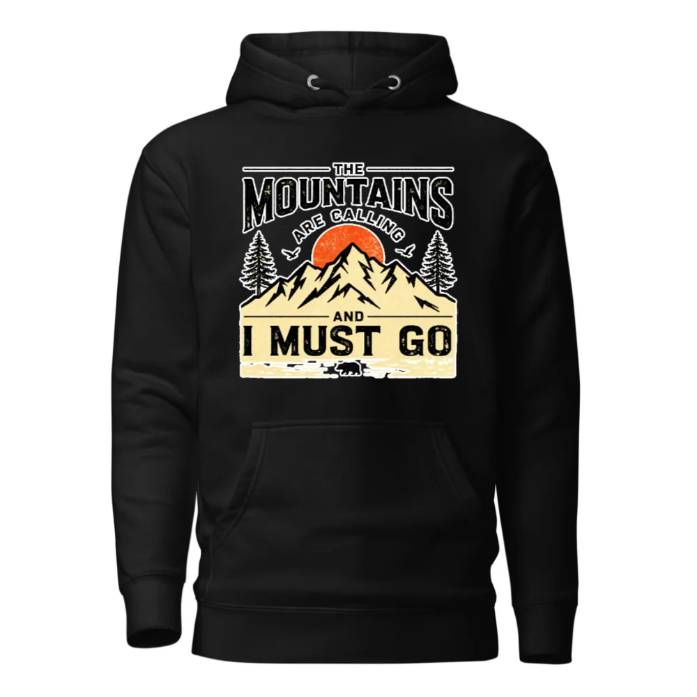 Unisex Premium Pullover Hoodie – 'The Mountains Are Calling' Outdoor Graphic Sweatshirt