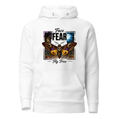Face Fear Fly Free Hoodie – Unisex Premium Pullover with Skull Moth Design