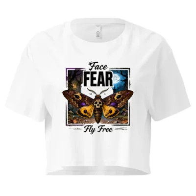 Face Fear Fly Free Crop Top for Women – Gothic Moth Skull Graphic Tee