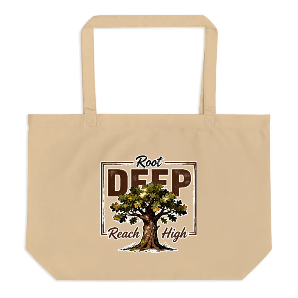 Organic Cotton Tote Bag – Large Reusable Shopping Bag with 'Root Deep, Reach High' Tree Design
