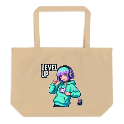 Level Up Pixel Art Tote Bag – Large Organic Cotton Shopping Bag
