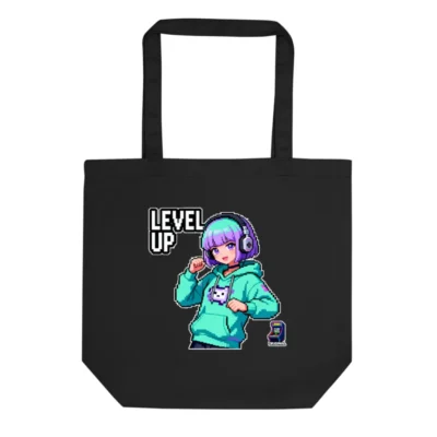 Eco Black Tote Bag – Pixel Art 'Level Up' Gamer Design