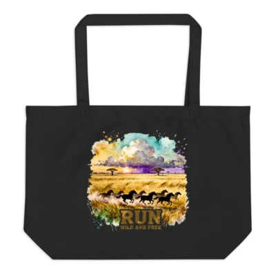 Organic Cotton Tote Bag – Large Black Eco Reusable Bag with 'Run Wild and Free' Art