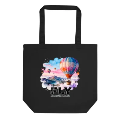 Eco Black Tote Bag – Reusable Canvas Shopping Bag with Hot Air Balloon Print
