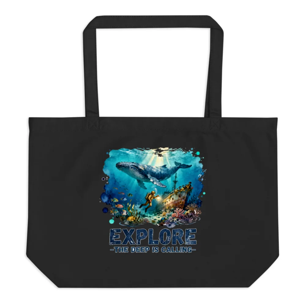 Organic Cotton Tote Bag – Explore the Deep is Calling, Large Black Eco Shopping Bag
