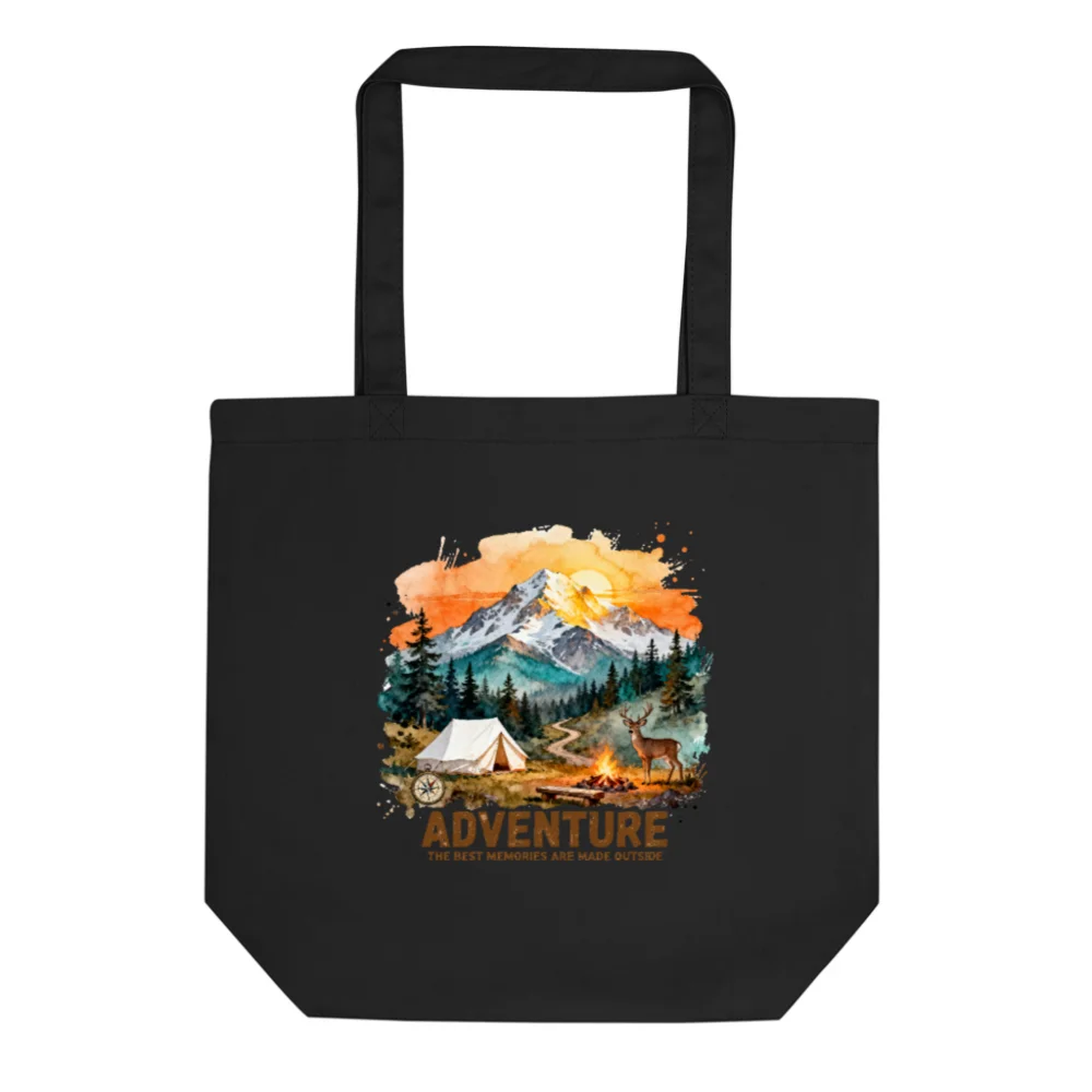 Eco Black Tote Bag – Reusable Canvas Shopping Bag with Adventure Print