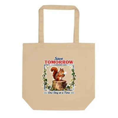 Eco Oyster Tote Bag – Reusable Cotton Canvas Shopping Bag with Squirrel 'Save Tomorrow' Design