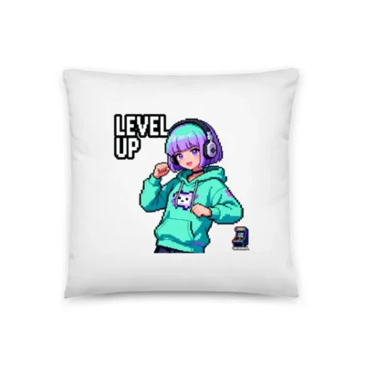 Level Up Pixel Art Gaming Pillow – 18x18 Inch Decor Cushion