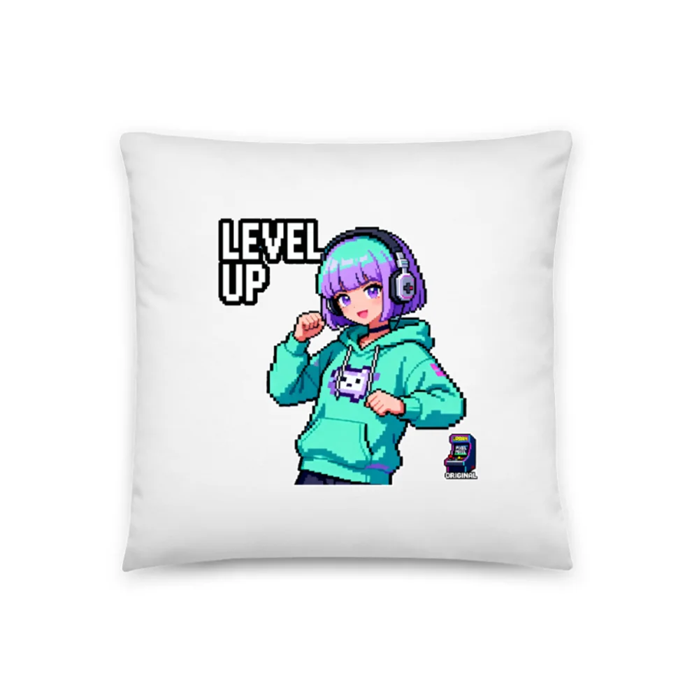 Level Up Pixel Art Gaming Pillow – 18x18 Inch Decor Cushion