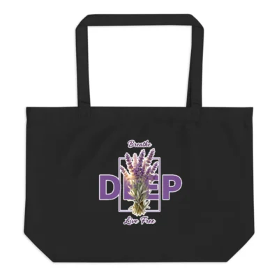 Organic Cotton Tote Bag – Large Black Reusable Shopping Bag with Lavender 'Breathe Deep' Design
