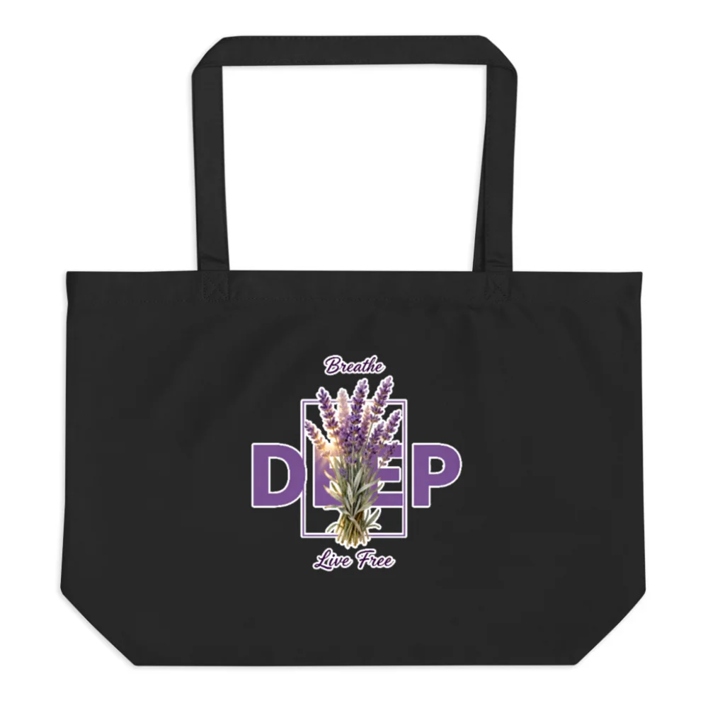 Organic Cotton Tote Bag – Large Black Reusable Shopping Bag with Lavender 'Breathe Deep' Design