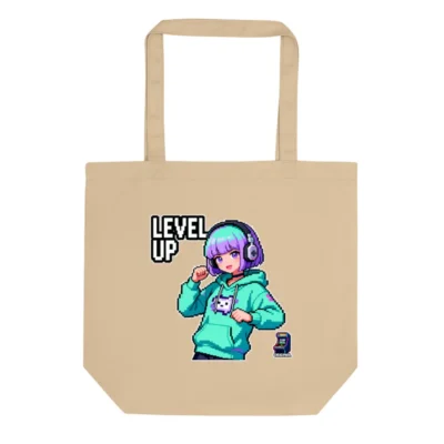 Eco Oyster Tote Bag – Pixel Art 'Level Up' Gamer Design