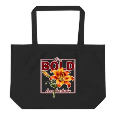 Organic Cotton Tote Bag – Large Black Reusable Shopping Bag with Bold Lily Design