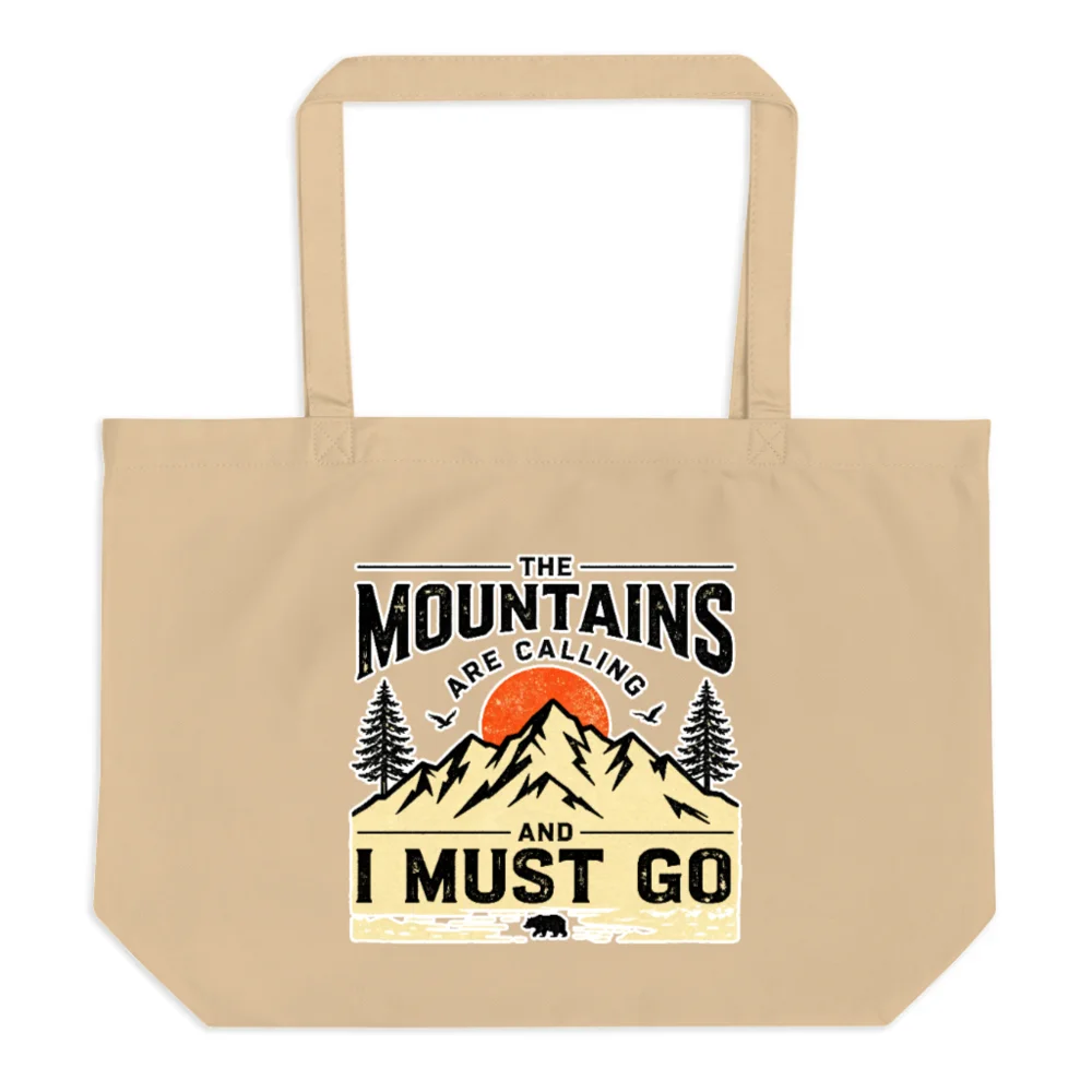 Organic Cotton Tote Bag – 'The Mountains Are Calling' Eco-Friendly Grocery & Shopping Bag