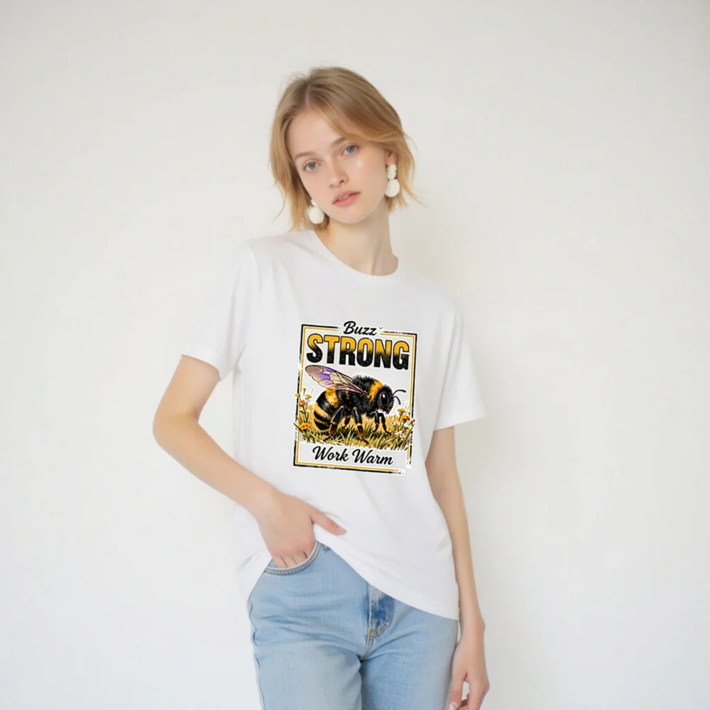 Buzz Strong Work Warm Bee T-Shirt – Unisex Staple Tee - Image 3