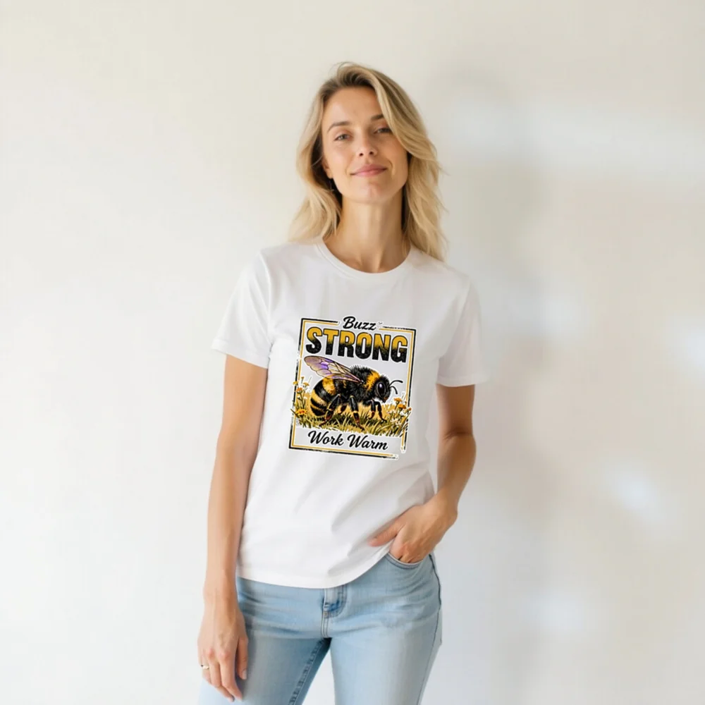 Buzz Strong Work Warm Bee T-Shirt – Unisex Staple Tee - Image 6