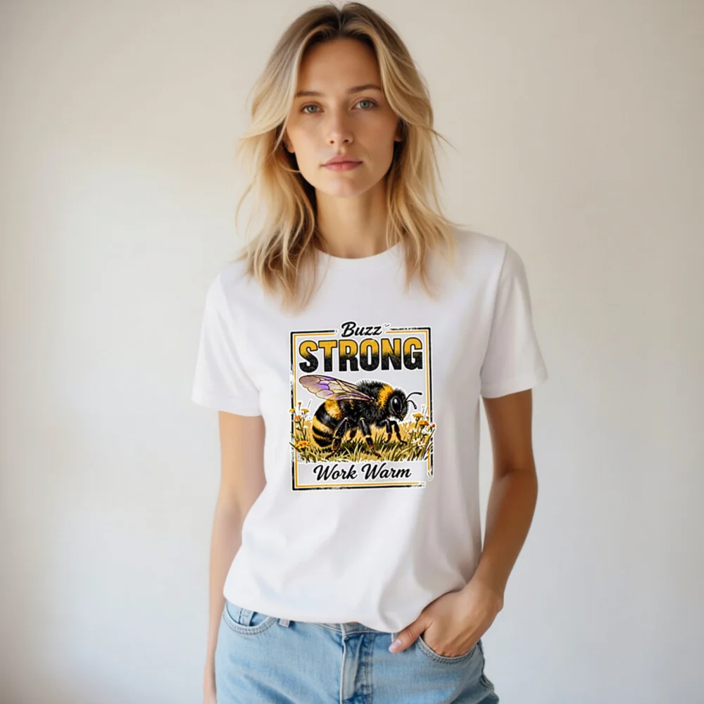 Buzz Strong Work Warm Bee T-Shirt – Unisex Staple Tee - Image 7