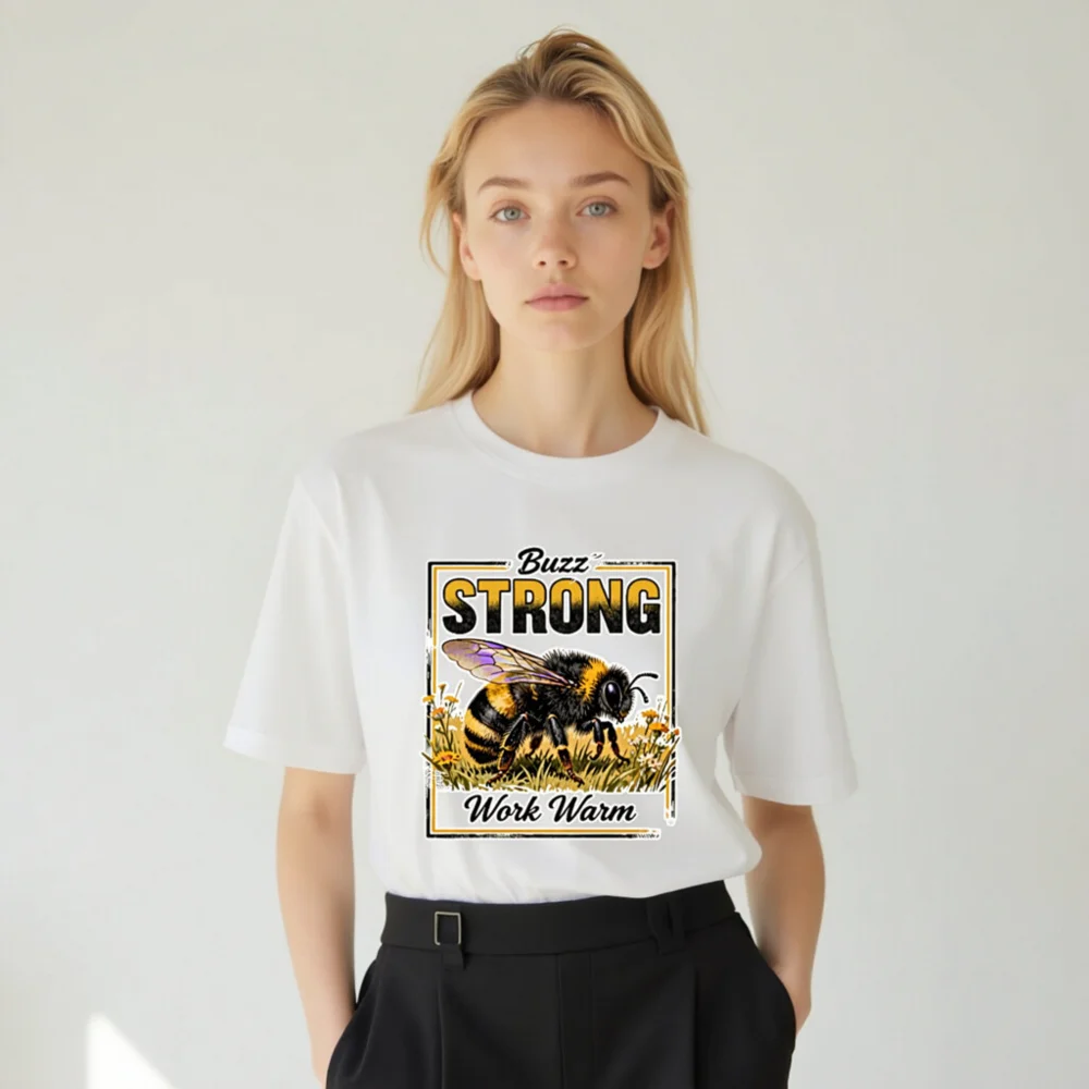 Buzz Strong Work Warm Bee T-Shirt – Unisex Staple Tee - Image 8