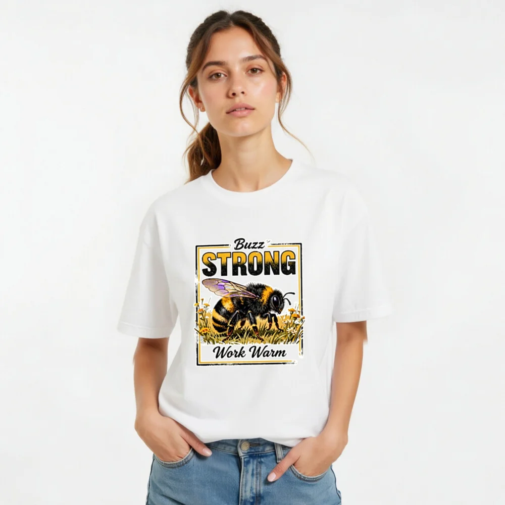 Buzz Strong Work Warm Bee T-Shirt – Unisex Staple Tee - Image 10