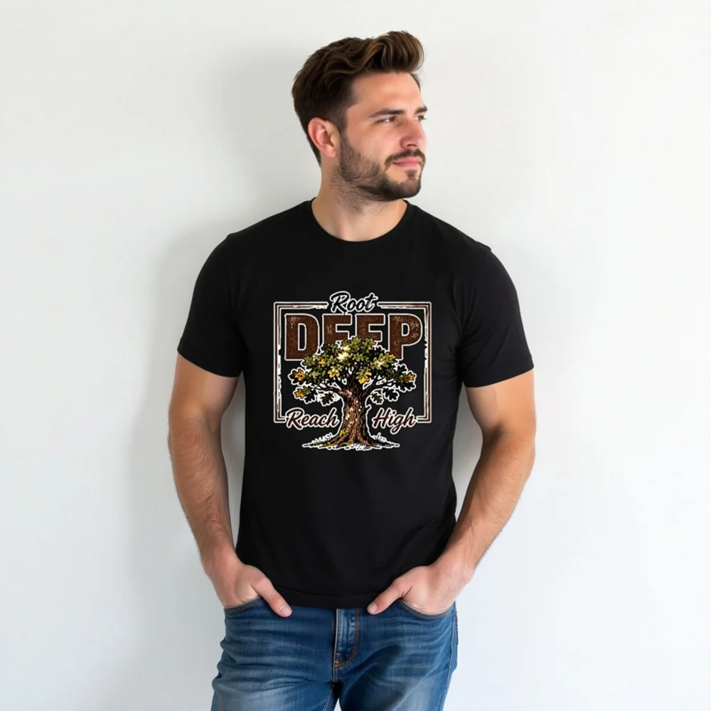 Root Deep Reach High Unisex T-Shirt – Vintage Tree Graphic Tee - Image 3