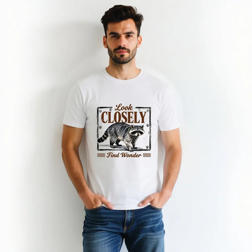 Raccoon 'Look Closely Find Wonder' Unisex Organic Cotton T-Shirt - Image 4