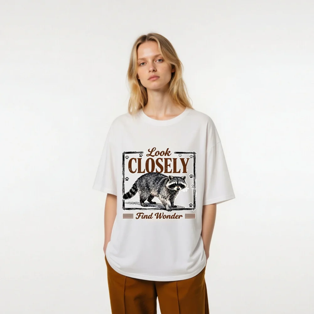 Raccoon 'Look Closely Find Wonder' Unisex Organic Cotton T-Shirt - Image 6