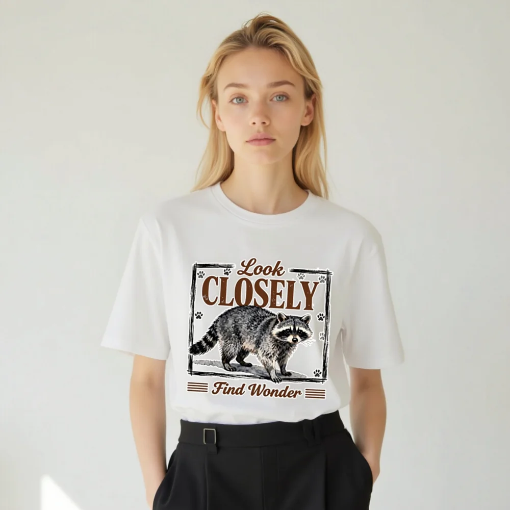 Raccoon 'Look Closely Find Wonder' Unisex Organic Cotton T-Shirt - Image 7