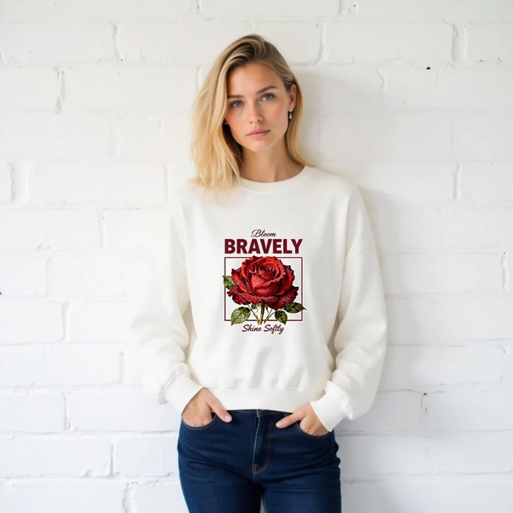 Bloom Bravely Sweatshirt – Unisex Crew Neck with Red Rose Graphic - Image 2