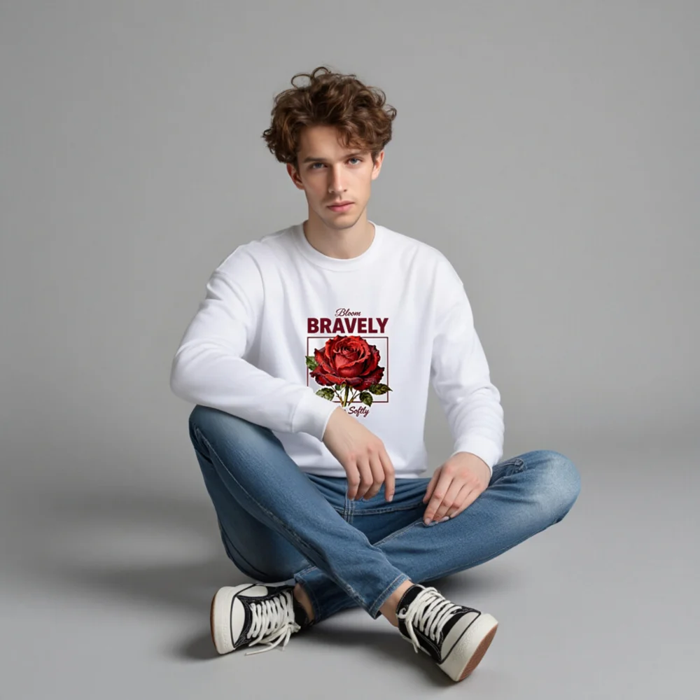 Bloom Bravely Sweatshirt – Unisex Crew Neck with Red Rose Graphic - Image 3