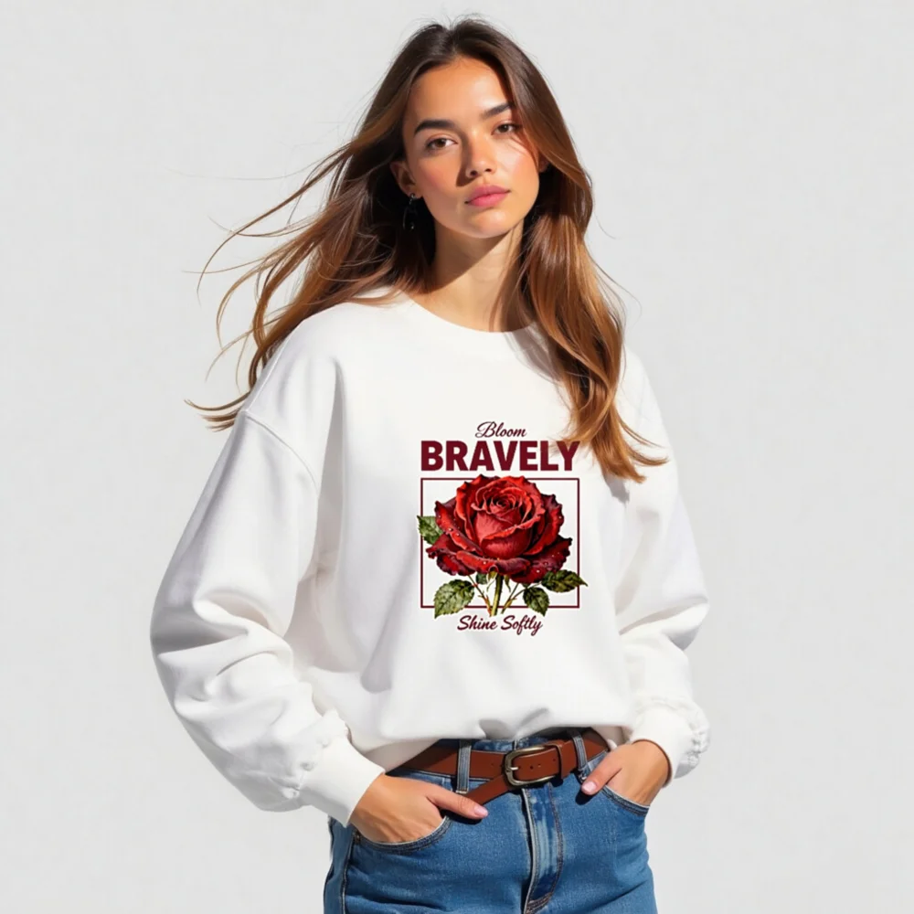 Bloom Bravely Sweatshirt – Unisex Crew Neck with Red Rose Graphic - Image 4