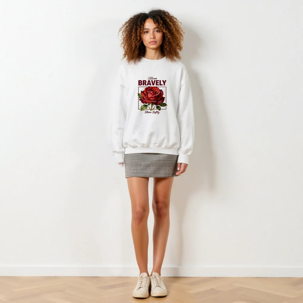 Bloom Bravely Sweatshirt – Unisex Crew Neck with Red Rose Graphic - Image 5