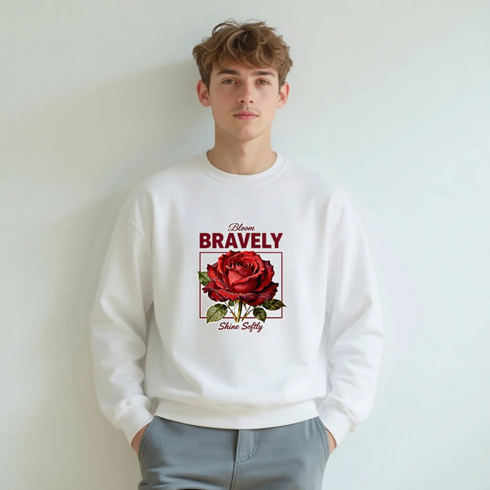 Bloom Bravely Sweatshirt – Unisex Crew Neck with Red Rose Graphic - Image 6