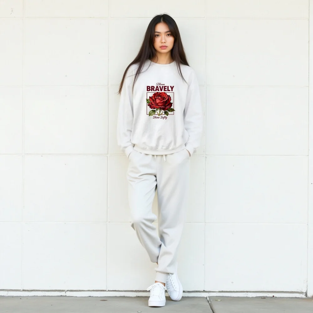Bloom Bravely Sweatshirt – Unisex Crew Neck with Red Rose Graphic - Image 7