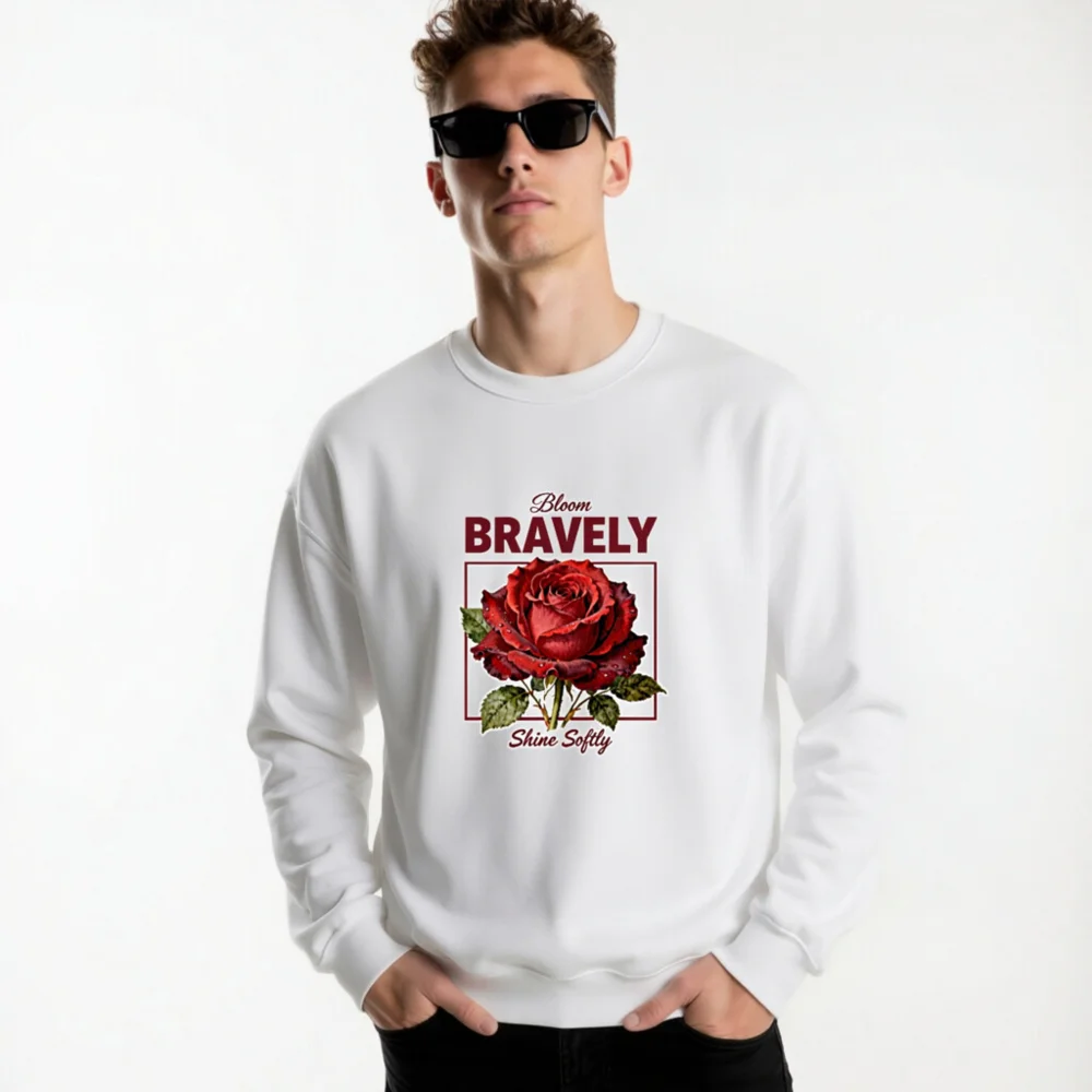 Bloom Bravely Sweatshirt – Unisex Crew Neck with Red Rose Graphic - Image 8