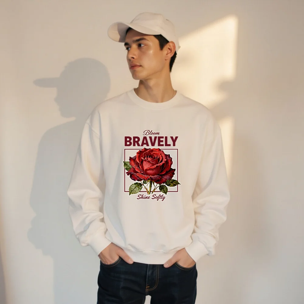 Bloom Bravely Sweatshirt – Unisex Crew Neck with Red Rose Graphic - Image 9