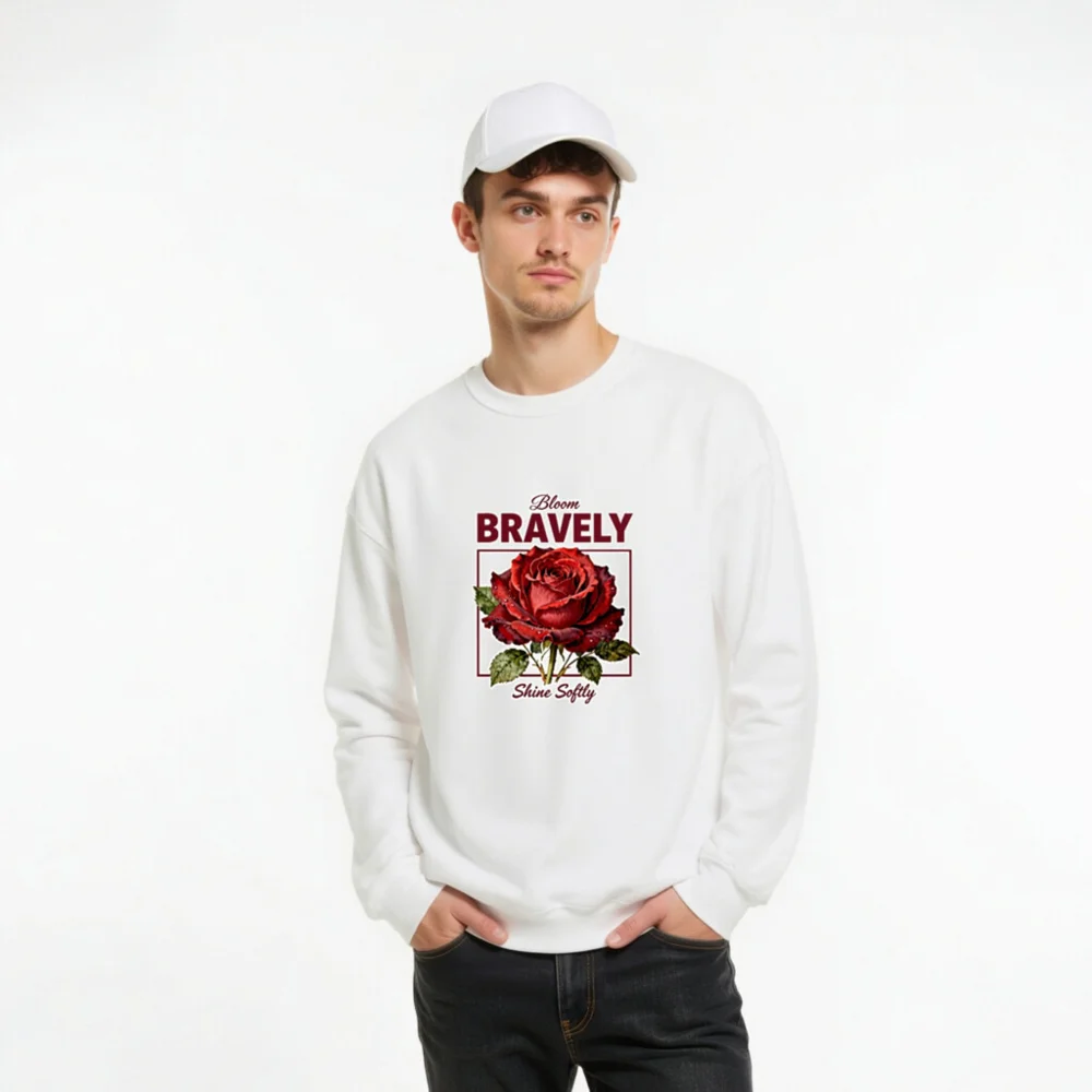 Bloom Bravely Sweatshirt – Unisex Crew Neck with Red Rose Graphic - Image 10