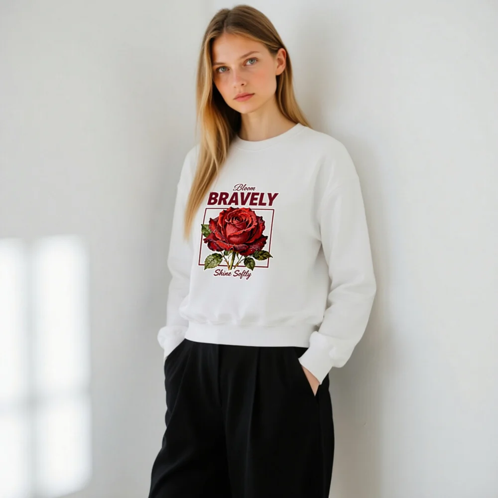 Bloom Bravely Sweatshirt – Unisex Crew Neck with Red Rose Graphic - Image 11