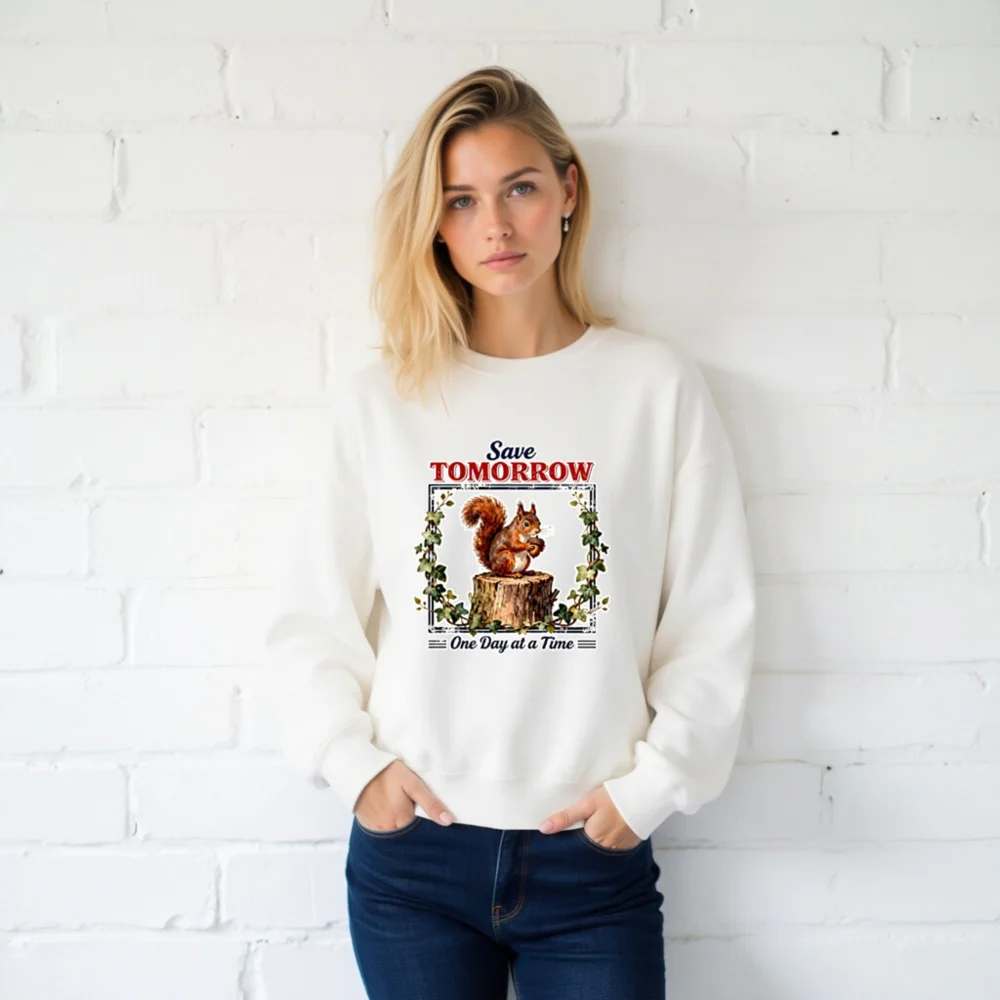Save Tomorrow Sweatshirt – Unisex Crew Neck with Squirrel Design - Image 2