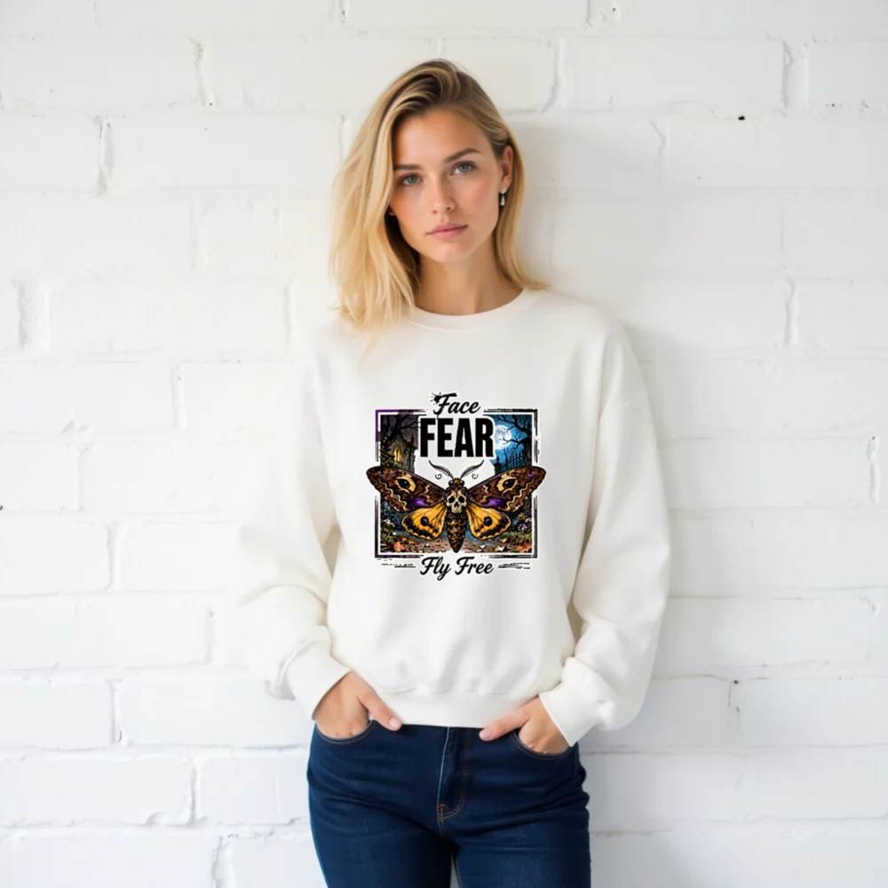 Face Fear Fly Free Unisex Sweatshirt - Gothic Moth Skull Design - Image 2