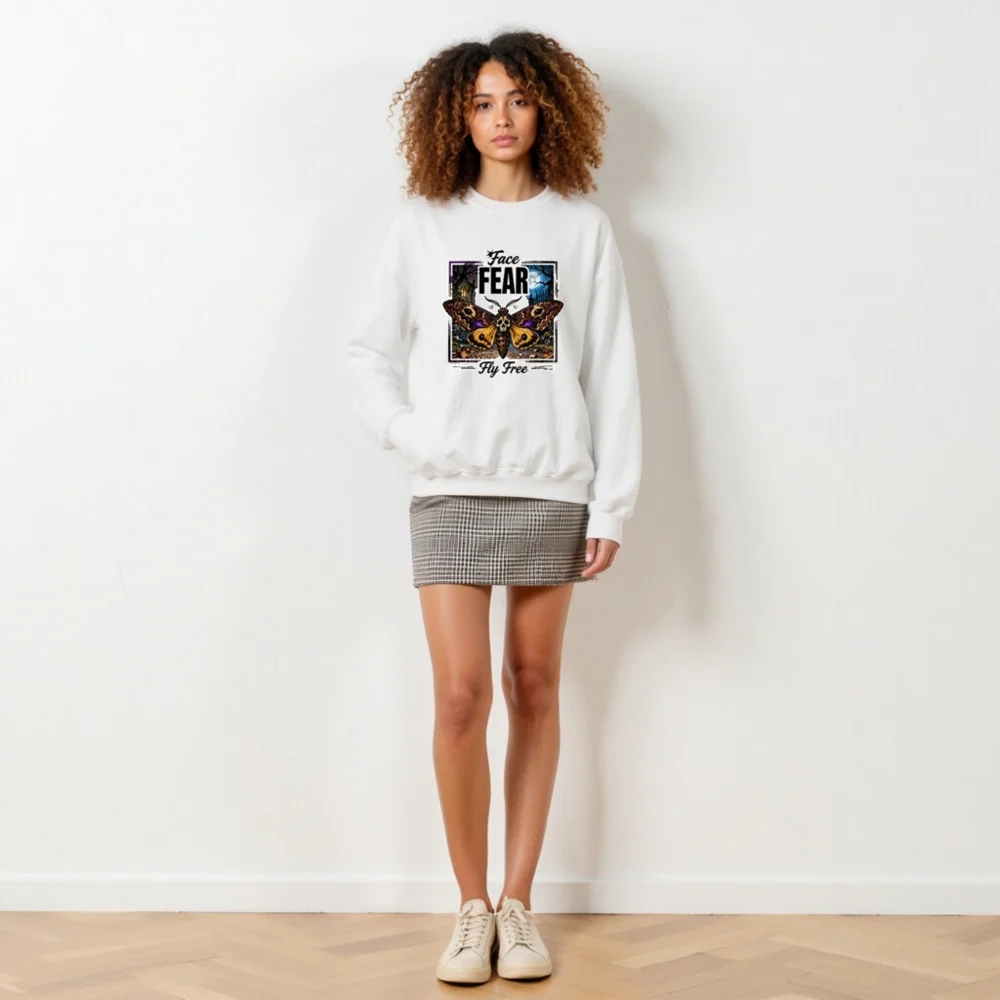 Face Fear Fly Free Unisex Sweatshirt - Gothic Moth Skull Design - Image 5