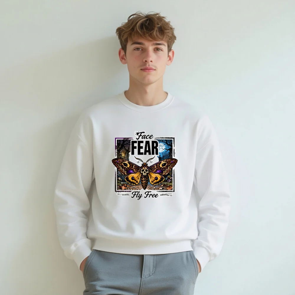 Face Fear Fly Free Unisex Sweatshirt - Gothic Moth Skull Design - Image 6