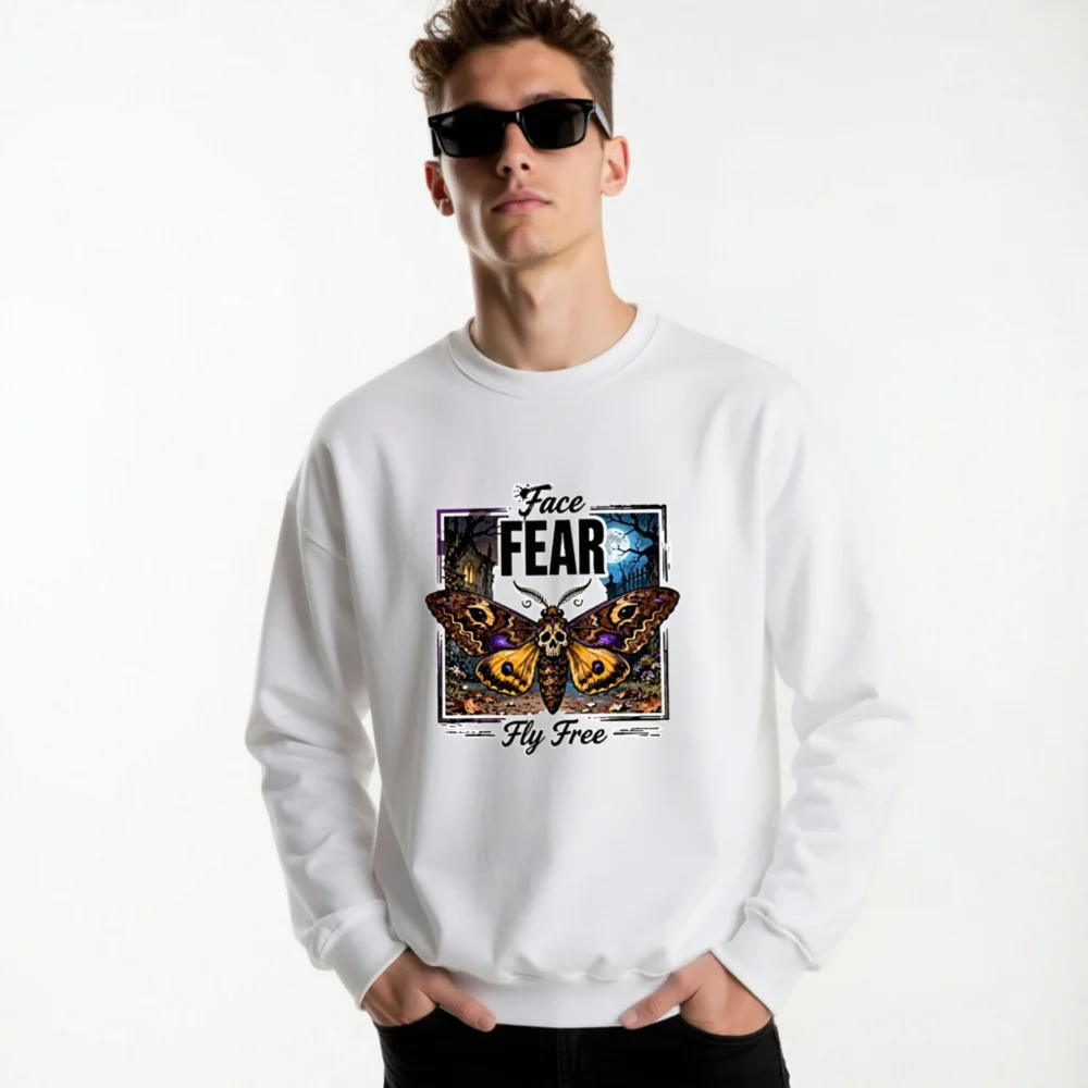 Face Fear Fly Free Unisex Sweatshirt - Gothic Moth Skull Design - Image 8