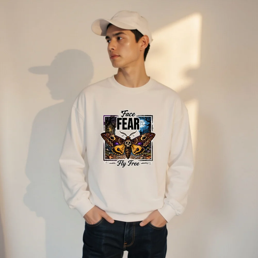 Face Fear Fly Free Unisex Sweatshirt - Gothic Moth Skull Design - Image 9